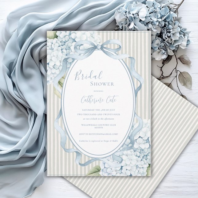 Blue Floral Hydrangeas Sage Green Whimsical Bridal Invitation (Creator Uploaded)