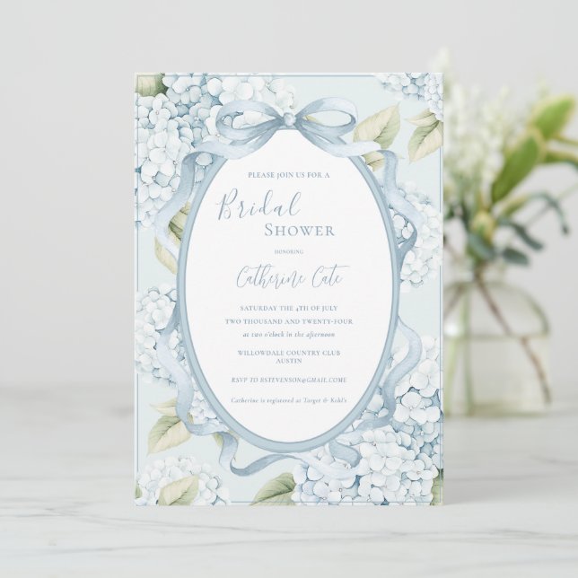 Blue Floral Hydrangeas Whimsical Bridal Invitation (Standing Front)