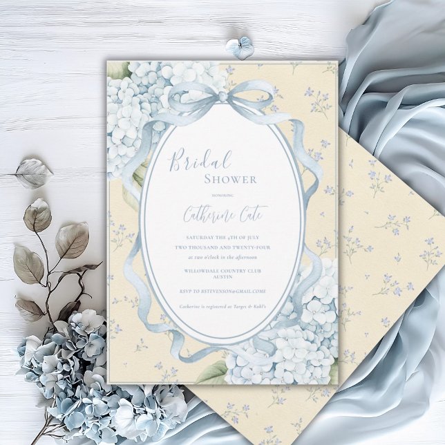 Blue Floral Hydrangeas Yellow Whimsical Bridal Invitation (Creator Uploaded)