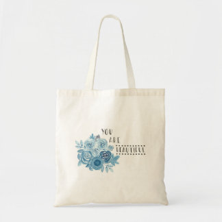Blue Floral Illustrated 'You Are Beautiful' Tote Bag