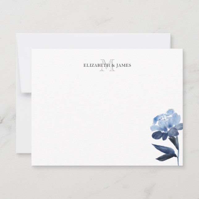 Blue Floral Initial Monogram Couple Personalized Note Card (Front)