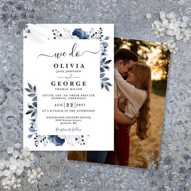 Blue Floral Intimate Private Wedding Photo Invitation (Blue Floral Intimate Private Wedding Photo Invitation)