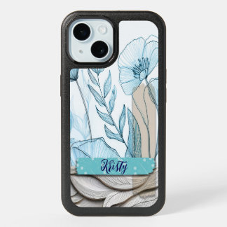 Blue floral iPhone case, teal and beige, Otterbox