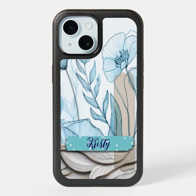 Blue floral iPhone case, teal and beige, Otterbox (Back)