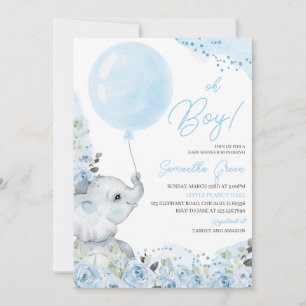 Blue Floral It's a Boy Elephant Baby Shower Invitation