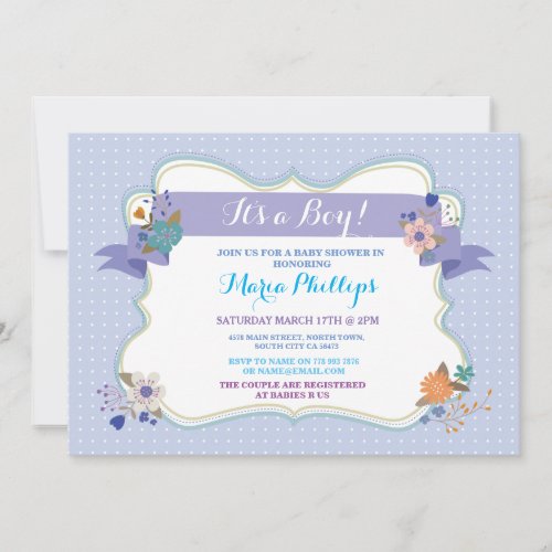 Blue Floral Its a Boy  Twins Baby Shower Invite