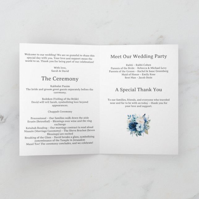 Blue Floral Jewish Wedding Program (Inside)