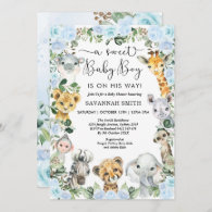 Blue Floral Jungle Safari Animals Boy Baby Shower Invitation