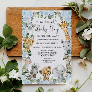 Blue Floral Jungle Safari Animals Boy Baby Shower Invitation