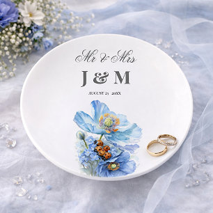 Blue Floral Keepsake Newlyweds Gift Bride Groom Trinket Tray
