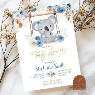 Blue Floral Koala Australian Animal Baby Shower Invitation