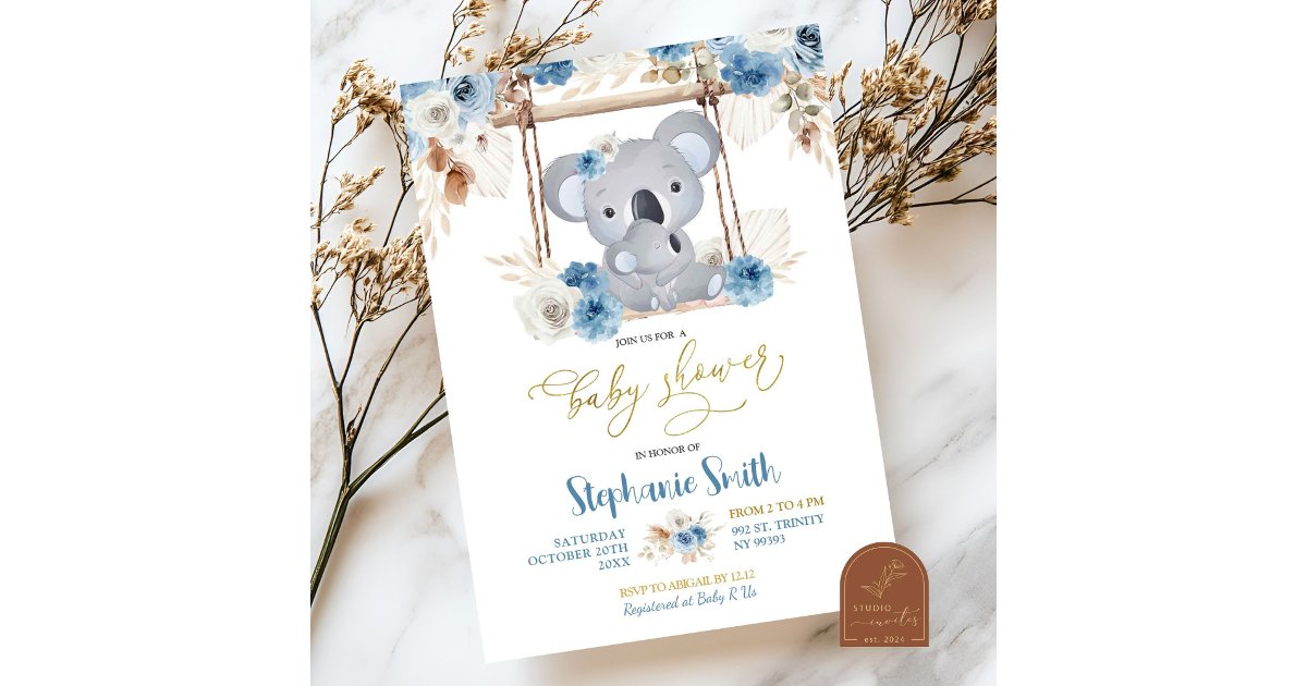 Blue Floral Koala Australian Animal Baby Shower Invitation | Zazzle