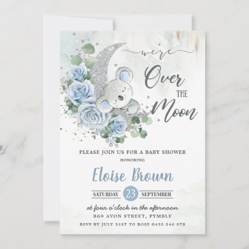 Blue Floral Koala Were Over the Moon Baby Shower  Invitation