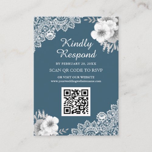 Blue Floral Lace QR Code RSVP Wedding Website Enclosure Card