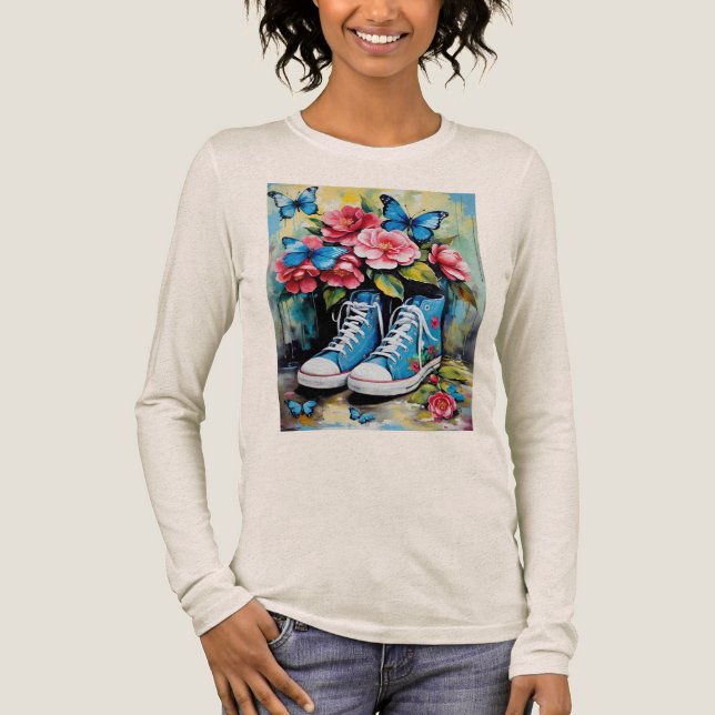 Blue Floral Lace Up Hightop Sneakers & Butterflies Tri-Blend Shirt (Front)