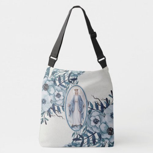 Blue Floral  Lady of Grace  Virgin Mary  Lace Crossbody Bag