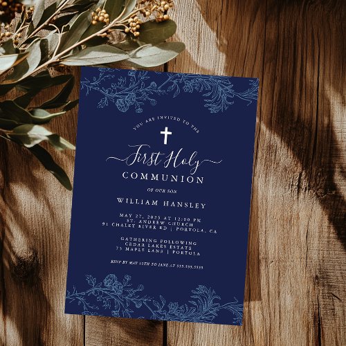 Blue Floral Leaf Boys First Communion 