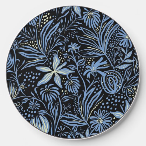 Blue Floral Leaves Yellow Circles Black Elegant Wireless Charger