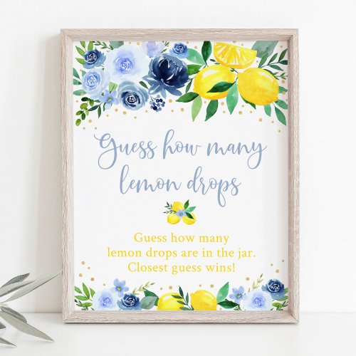 Blue Floral Lemon Bridal Guess How Many Game Poster