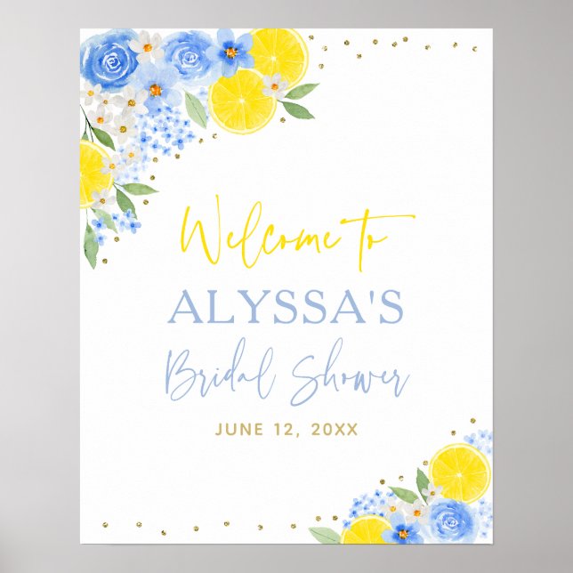 Blue Floral Lemon Bridal Shower Welcome Poster (Front)
