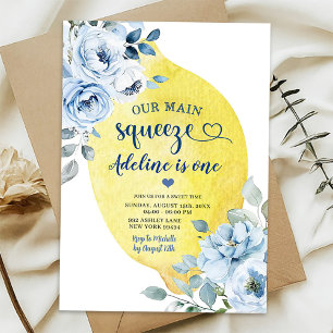 Blue Floral Lemon First Birthday Invitation