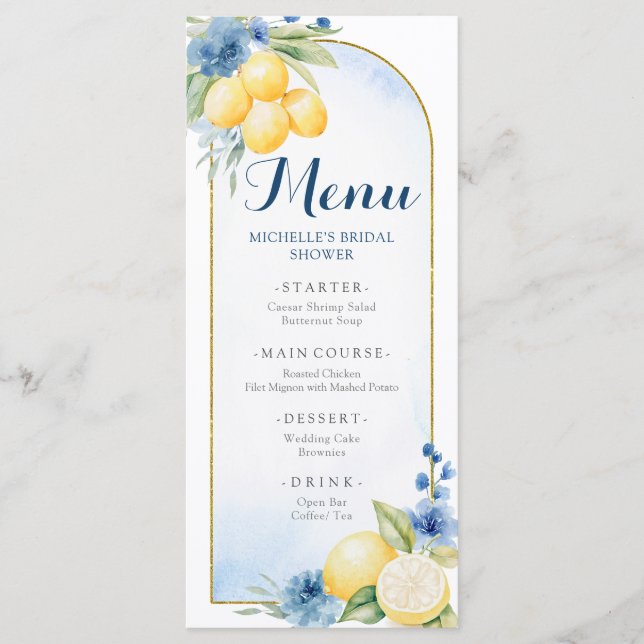 Blue Floral Lemon Main Squeeze Baby Shower Menu (Front)