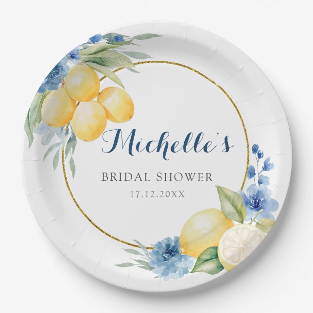 Blue Floral Lemon Main Squeeze Baby Shower Paper Plates (Front)