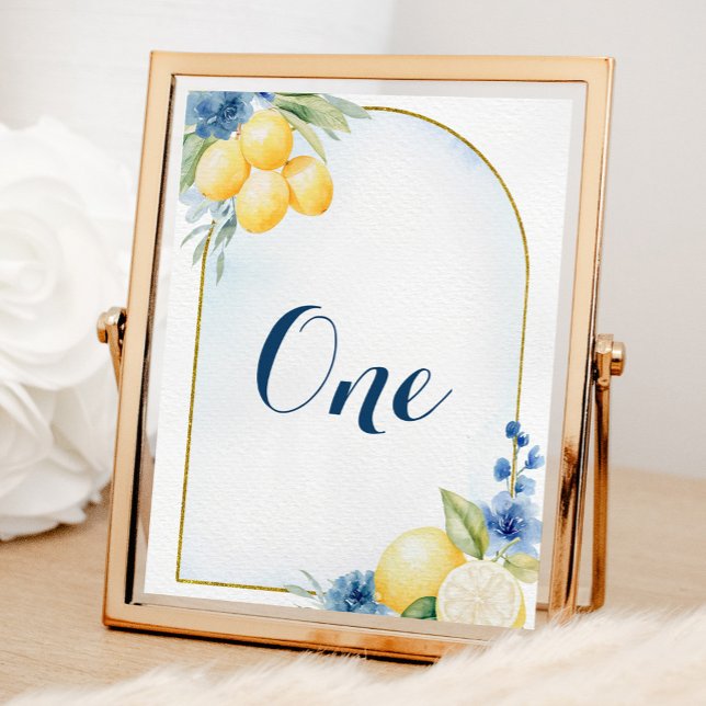 Blue Floral Lemon Main Squeeze Baby Shower Table Number (Creator Uploaded)
