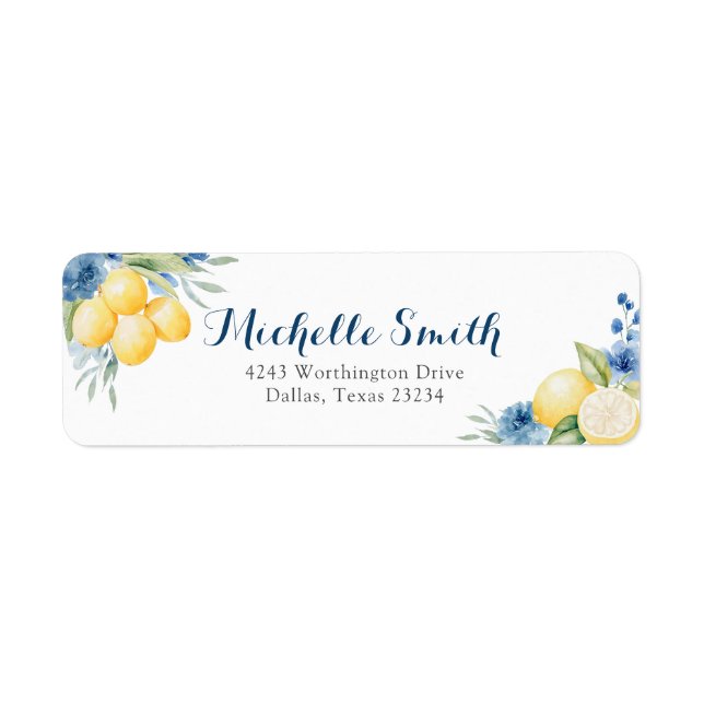 Blue floral Lemon Main Squeeze Bridal Address  Label (Front)