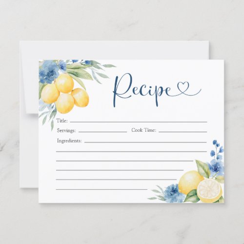 Blue floral Lemon Main Squeeze Bridal Recipe Card