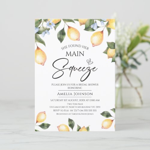 Blue floral lemon main squeeze bridal shower invitation