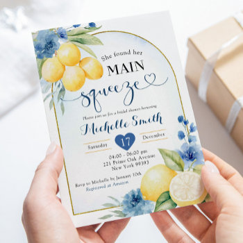 Blue Floral Lemon Main Squeeze Bridal Shower Invitation by PumpkinDesignCard at Zazzle