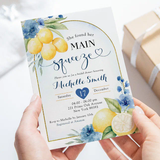 Blue floral Lemon Main Squeeze Bridal shower Invitation | Zazzle