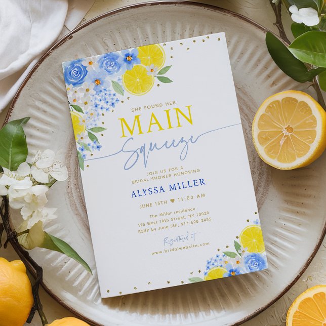 Blue Floral Lemon Main Squeeze Bridal Shower Invitation (Creator Uploaded)