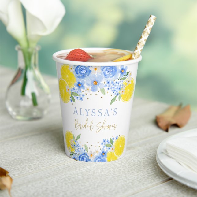 Blue Floral Lemon Main Squeeze Bridal Shower Paper Cups (Insitu)