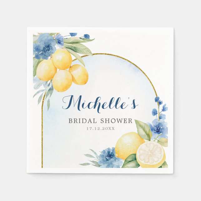 Blue floral Lemon Main Squeeze Bridal Shower Paper Napkins (Front)