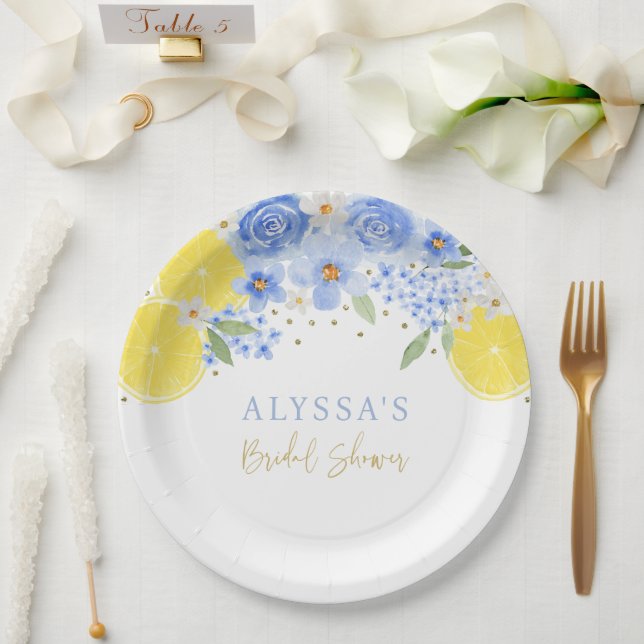 Blue Floral Lemon Main Squeeze Bridal Shower Paper Plates (Wedding)