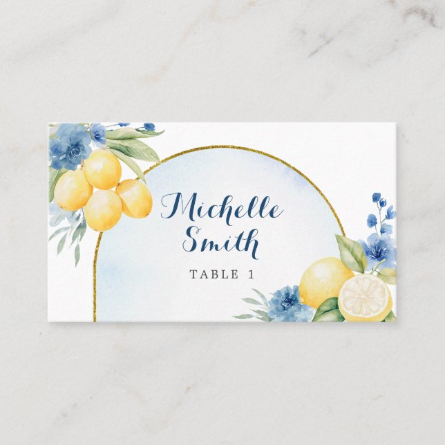 Blue floral Lemon Main Squeeze Bridal shower Place Card (Front)