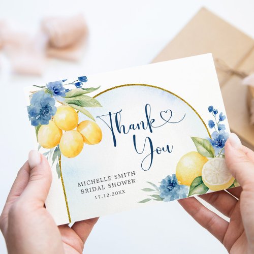 Blue floral Lemon Main Squeeze Bridal shower Thank You Card