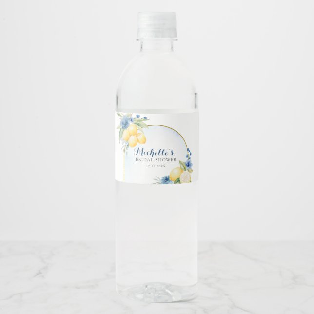 Blue floral Lemon Main Squeeze Bridal Shower Water Bottle Label (Front)