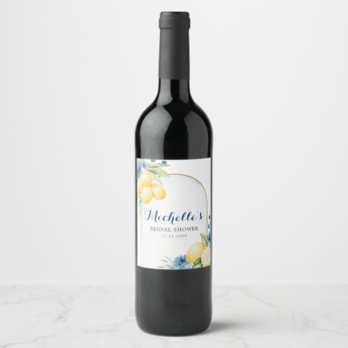 Blue floral Lemon Main Squeeze Bridal Shower Wine Label