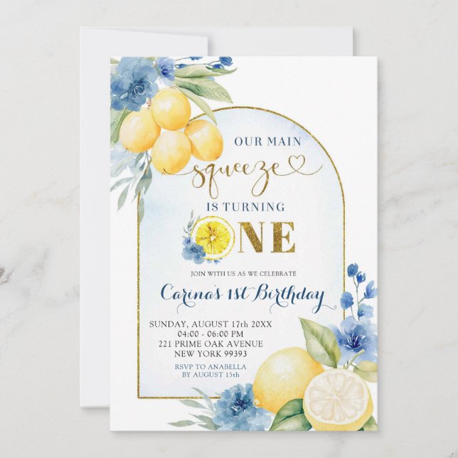 Blue floral Lemon Main Squeeze First Birthday Invitation (Front)