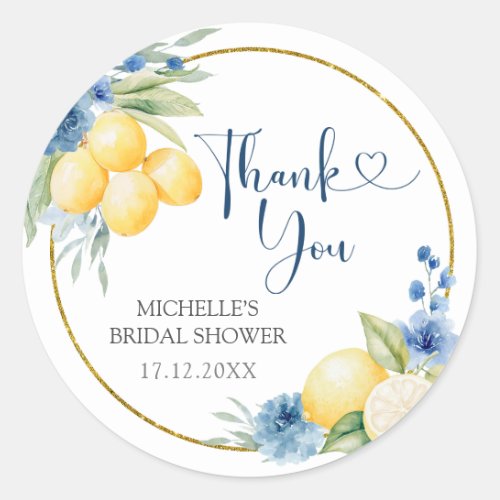 Blue Floral Lemon Main Squeeze Thank You Classic Round Sticker