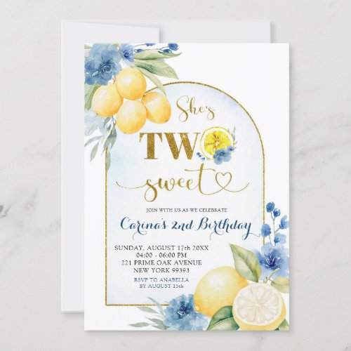 Blue floral Lemon Main Squeeze Two Sweet Birthday Invitation