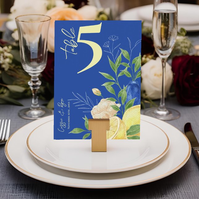 Blue Floral Lemon Wedding Table Number Card (Blue Floral Lemon Wedding Table Number Card)