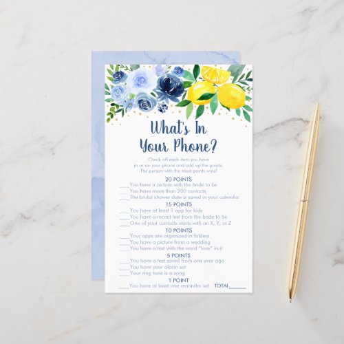 Blue Floral Lemon Whats In Your Phone Bridal Game