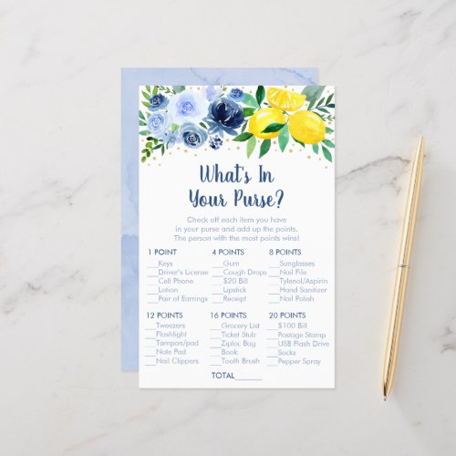 Blue Floral Lemon Whats In Your Purse Bridal Game
