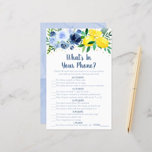 Blue Floral Lemon Whats In Your Purse Shower Game