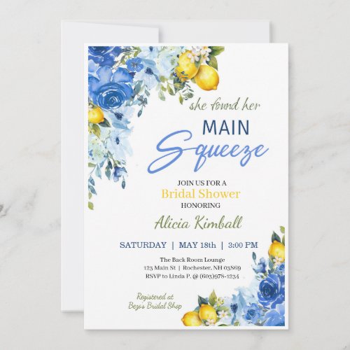 Blue Floral Lemons Bridal Shower Invitation