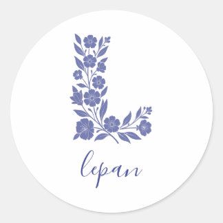 Blue Floral Letter L Monogram Art Round Sticker